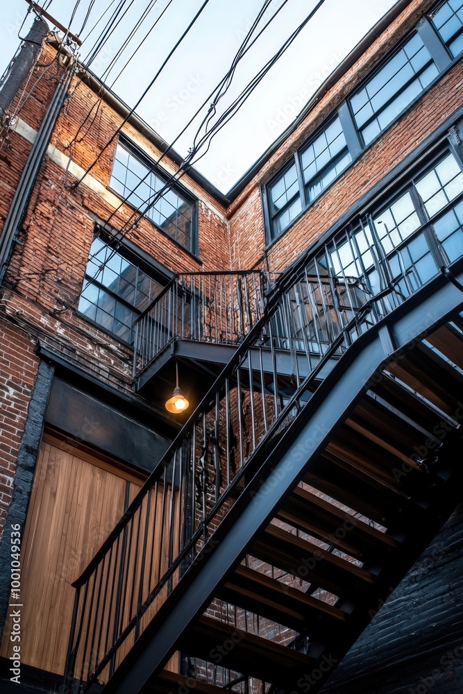 Brick building with metal stairs and wires Brick building with metal stairs and wires