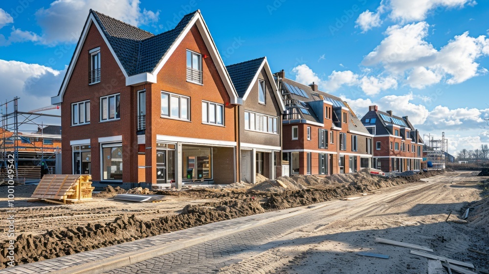 A row of houses are being built with a lot of construction in the background