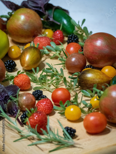 Garden vegetables, herbs and fruits composition