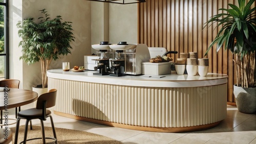Minimal interior design of cafe or coffee cafe bar shop in clean minimalist style, decorated with warm tone, relaxing tones with glossy ivory white round corner counter and coffee machinery