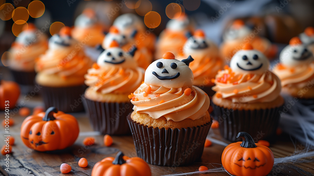 Whimsical Table of Halloween Cupcakes with Funny and Spooky Designs Whimsical Table of Halloween Cupcakes with Funny and Spooky Designs