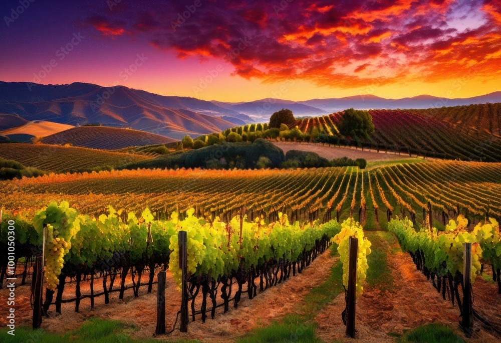 Fototapeta premium breathtaking twilight vineyard landscape overflowing lush grapes under beautiful sky, abundance, agriculture, alloys, beauty, blossoms, countryside
