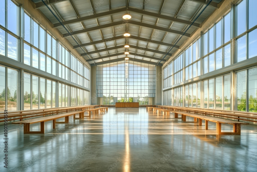 modern glass atrium with wooden benches modern glass atrium with wooden benches