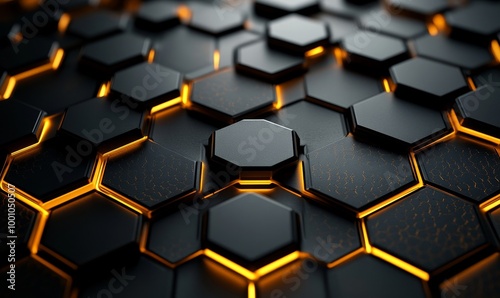 Luxury Hexagonal Abstract Black Metal Background with Golden Light Lines, Dark 3D Geometric Texture, Bright Grid Pattern, Futuristic High-Tech Design, Generative AI