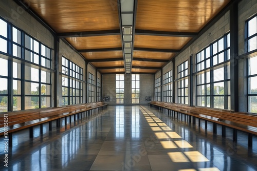 Bright and airy indoor hall with wooden benches