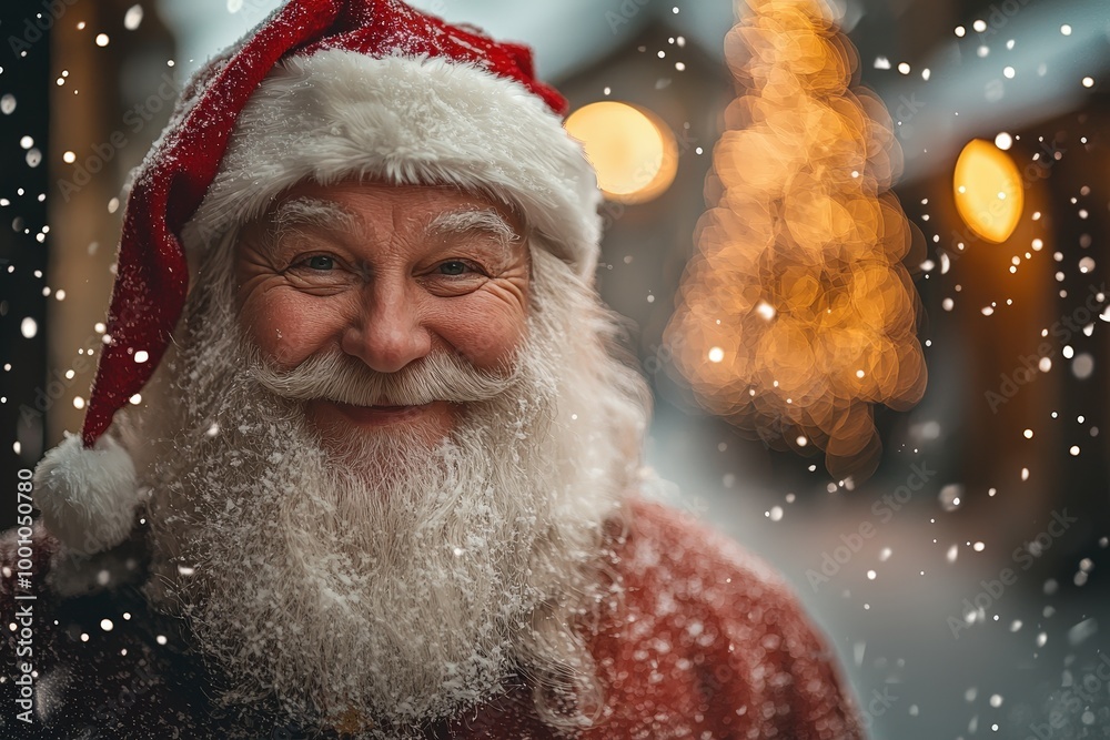 A cheerful Santa Claus stands smiling in a snowy setting, surrounded by softly glowing Christmas lights and a festive atmosphere that evokes holiday joy