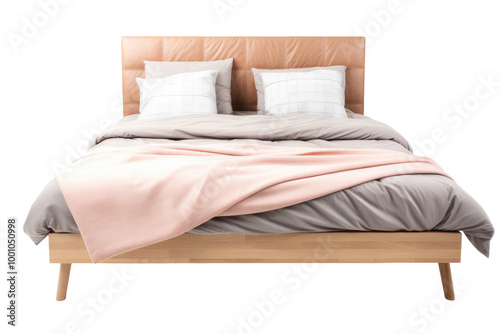 Classic Standard Bed with White Comforter and Wooden Headboard Isolated on Transparent Background