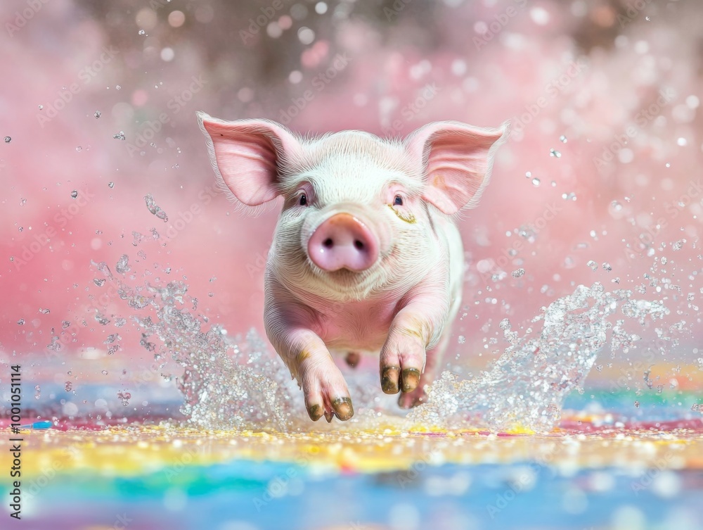 Playful Piglet Splashing in Colorful Water Playful Piglet Splashing in Colorful Water