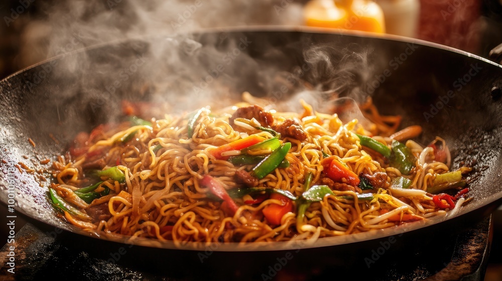 A high-quality image of a traditional noodle stir-fry with colorful vegetables, meat, and a savory sauce, served in a hot wok and ready to be enjoyed A high-quality image of a traditional noodle stir-fry with colorful vegetables, meat, and a savory sauce, served in a hot wok and ready to be enjoyed