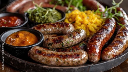 A high-quality image of sausages arranged on a serving platter, with close-up details showing their plumpness, and accompanied by dipping sauces and sides