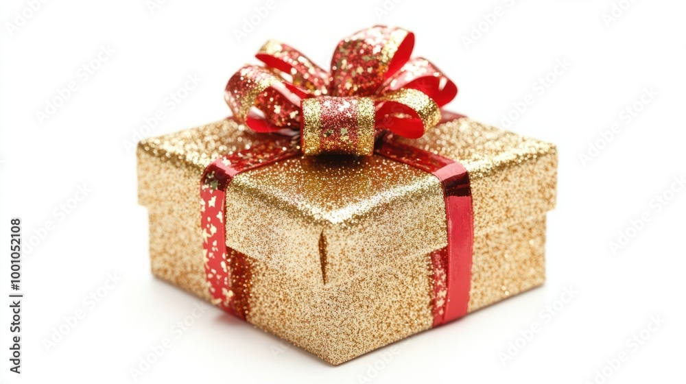 Obraz premium Glittery gold and red-wrapped New Year present, isolated on white background with focus on the festive ribbon and bow details.
