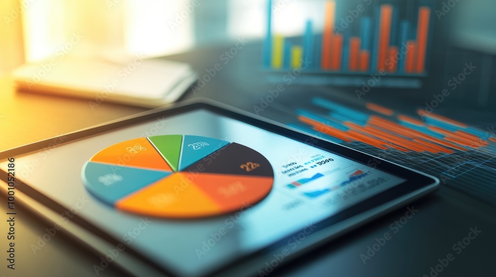 A high-resolution image of a 3D pie chart on a digital tablet, with various segments clearly defined and financial data visualized, set against a modern workspace. A high-resolution image of a 3D pie chart on a digital tablet, with various segments clearly defined and financial data visualized, set against a modern workspace.