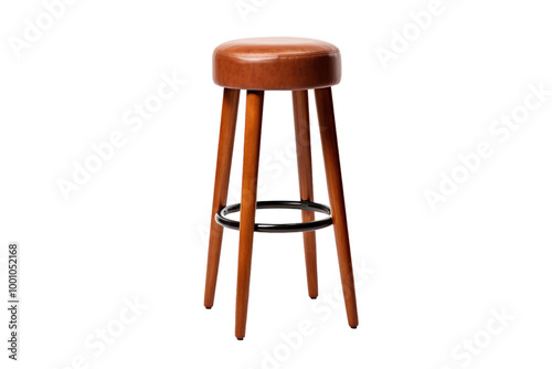 Classic High-Back Bar Stool with Upholstered Cushion and Wooden Legs Isolated on Transparent Background