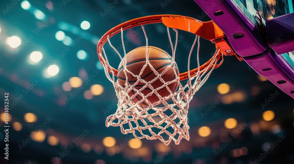 A high-resolution image of a basketball soaring through the hoop, with the net swishing and a vibrant court backdrop, capturing the excitement of the game. A high-resolution image of a basketball soaring through the hoop, with the net swishing and a vibrant court backdrop, capturing the excitement of the game.