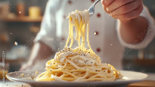 A high-resolution image of a chef twirling a forkful of spaghetti, with the pasta perfectly coated in a creamy Alfredo sauce and a sprinkle of black pepper. photo