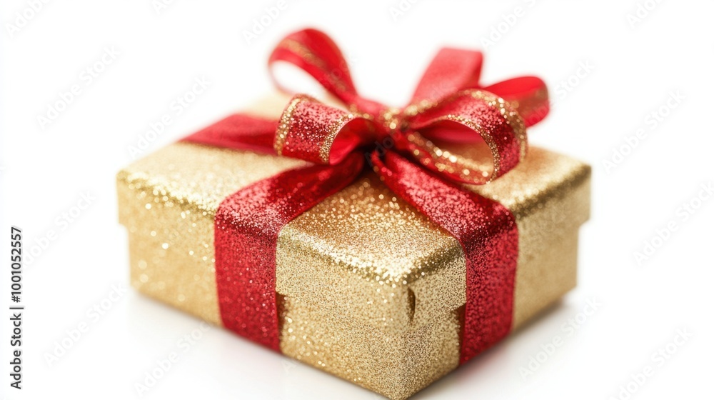 Glittery gold and red-wrapped New Year present, isolated on white background with focus on the festive ribbon and bow details. Glittery gold and red-wrapped New Year present, isolated on white background with focus on the festive ribbon and bow details.