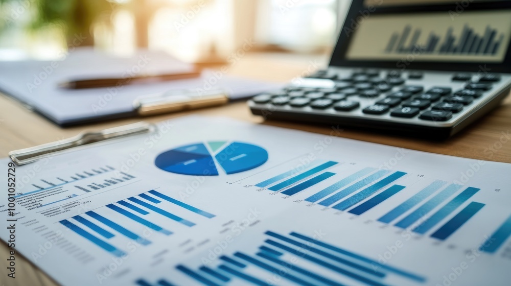 A high-resolution image of a financial report with detailed bar graphs, line charts, and pie charts, placed on a desk with a calculator and financial documents. A high-resolution image of a financial report with detailed bar graphs, line charts, and pie charts, placed on a desk with a calculator and financial documents.