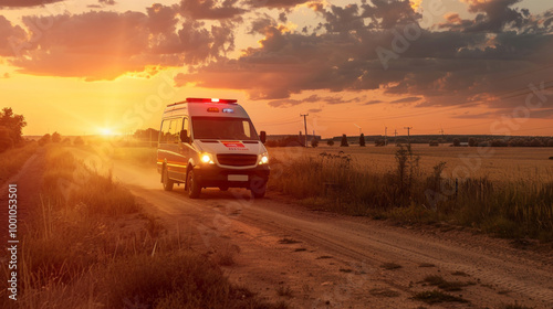 A red and white ambulance is driving down a dirt road