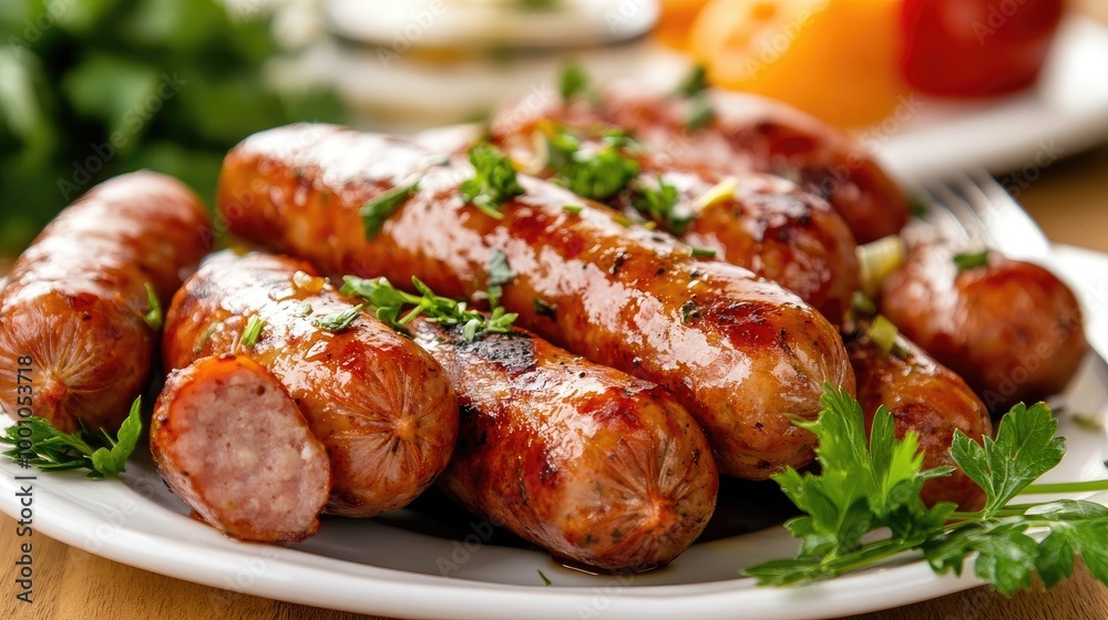 A high-resolution image of a plate of cooked sausages with a focus on their juicy, plump texture and a garnish of fresh herbs and condiments. A high-resolution image of a plate of cooked sausages with a focus on their juicy, plump texture and a garnish of fresh herbs and condiments.