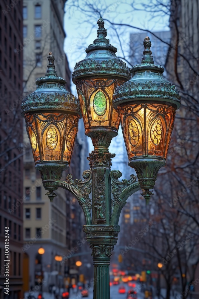 Ornate street lamp with illuminated glass panels in a snowy city Ornate street lamp with illuminated glass panels in a snowy city