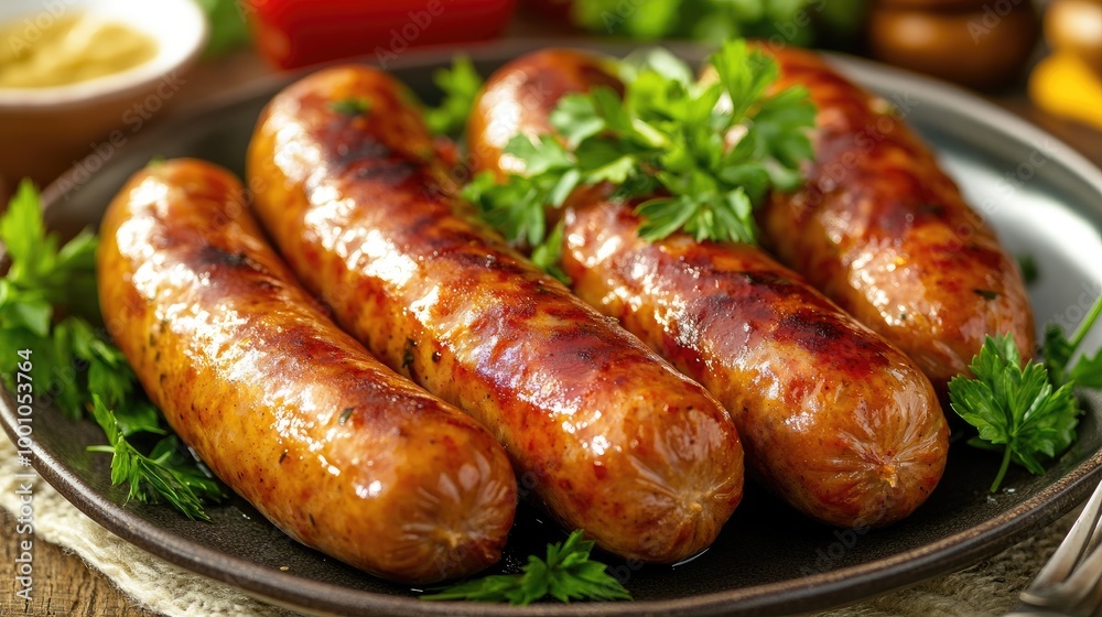 A high-resolution image of a plate of cooked sausages with a focus on their juicy, plump texture and a garnish of fresh herbs and condiments. A high-resolution image of a plate of cooked sausages with a focus on their juicy, plump texture and a garnish of fresh herbs and condiments.