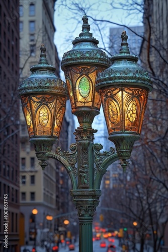 Ornate street lamp with illuminated glass panels in a snowy city