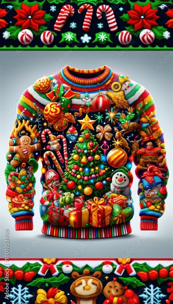 Naklejka premium A vibrant Christmas sweater features a playful design with a Christmas tree, ornaments, candy canes, and gift boxes, perfect for holiday celebrations