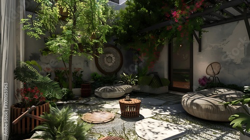 A small courtyard with a patio furnace a tiny stool and an angled nest couch photo