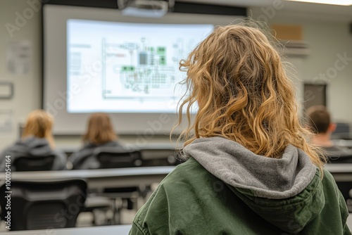 A group of students sits in a modern classroom, attentively listening to a lecture on circuit design while viewing content projected on a screen