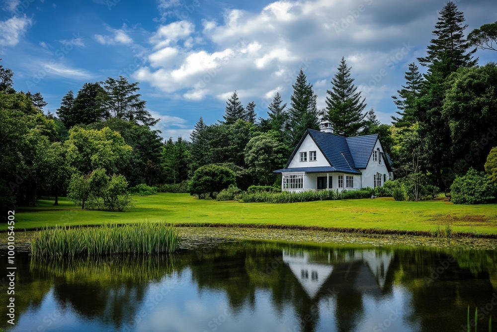 Peaceful country house with pond reflection Peaceful country house with pond reflection