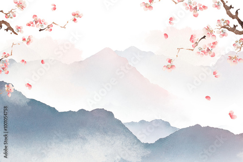 Fototapeta Naklejka Na Ścianę i Meble -  Japanese floral png, transparent background, watercolor mountain landscape illustration