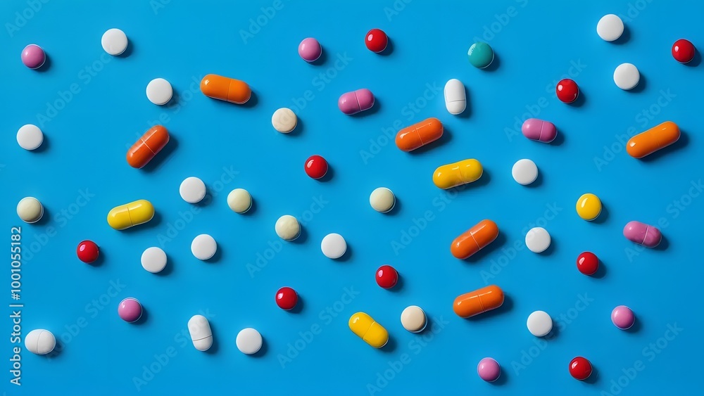 Blue background with distributed tablets and capsules Blue background with distributed tablets and capsules
