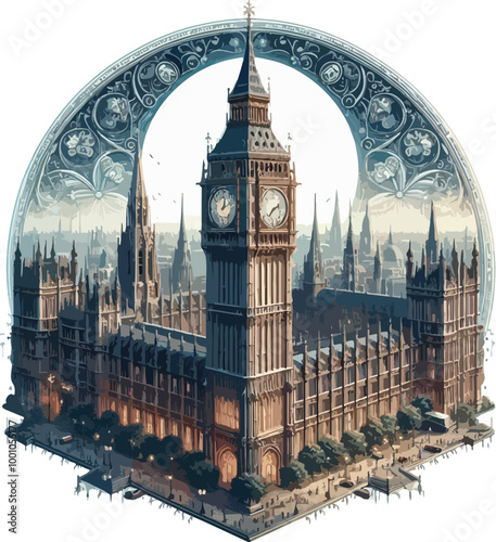  Famous British Clock Tower Big Ben Isolate Vector Illustration
