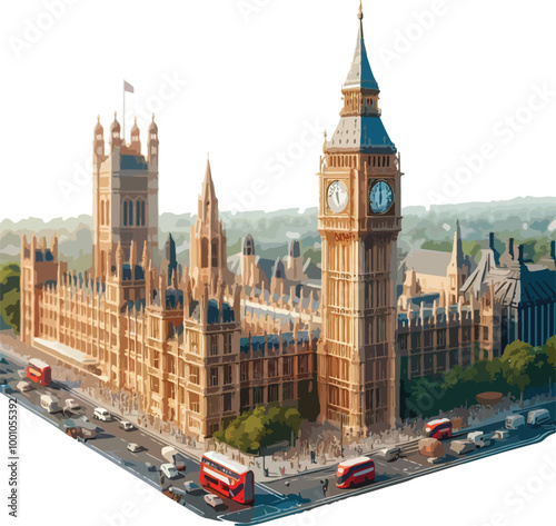  Famous British Clock Tower Big Ben Isolate Vector Illustration

