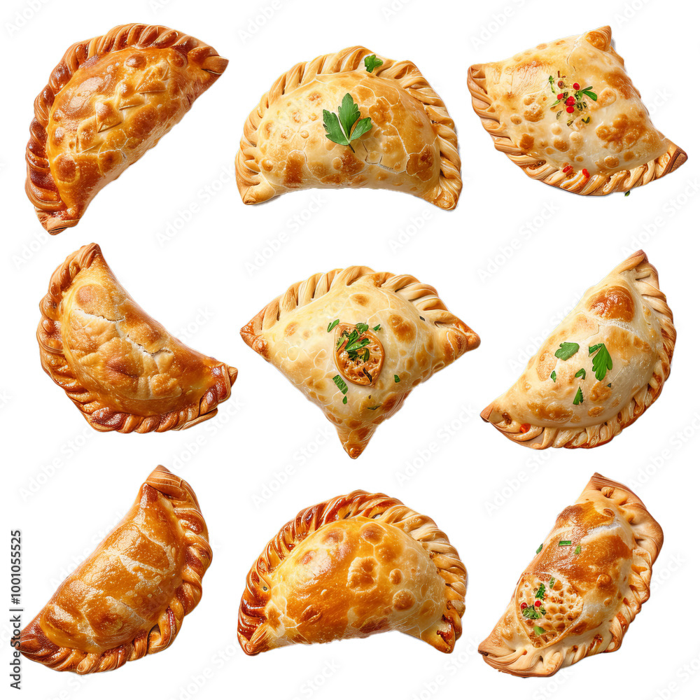 Selection of savory empanadas, filled with various ingredients and baked to perfection, presented on a white background Selection of savory empanadas, filled with various ingredients and baked to perfection, presented on a white background