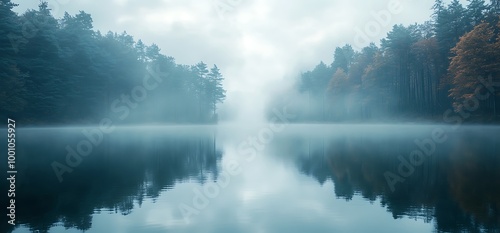 Serene lake shrouded in mist, with mirrored trees reflected in the water, creating a dreamy atmosphere.