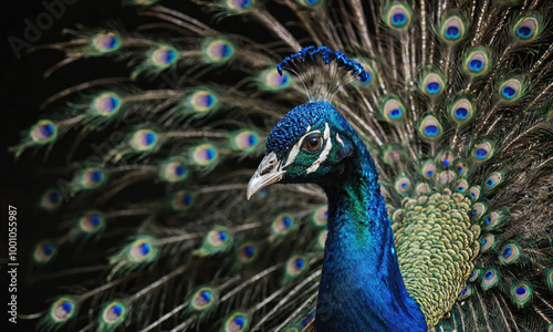 A peacock displays its beautiful feathers in a close-up portrait