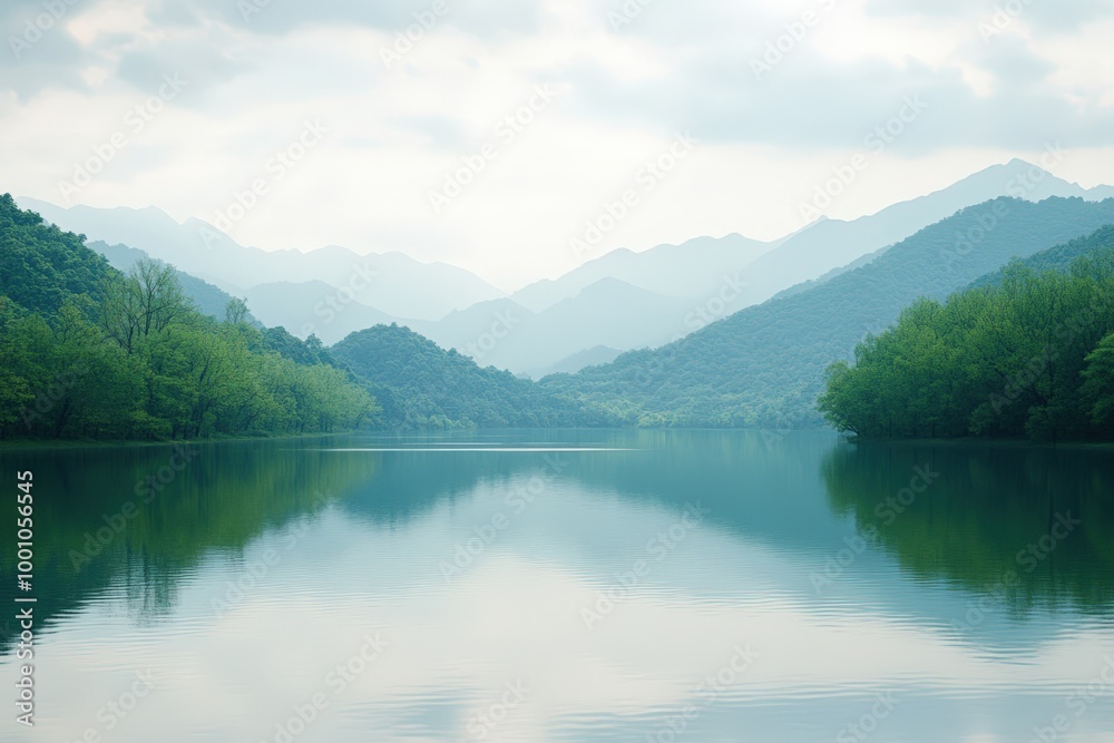 Serene mountain lake surrounded by lush green forests