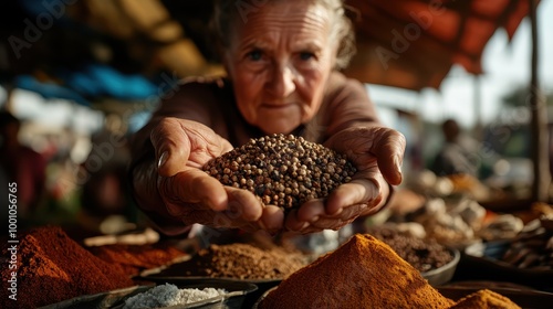 An older woman presents a handful of spices at an outdoor market stall, surrounded by vibrant colors and textures, reflecting cultural richness and tradition.