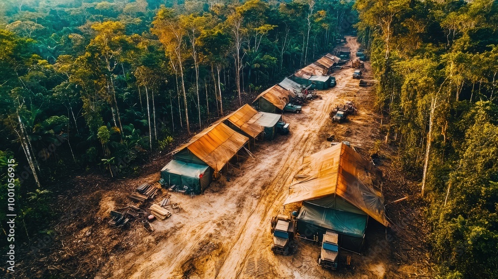 Forest encampment, rustic tents, dirt path, trucks, dense jungle, vibrant greenery, remote exploration base. Forest encampment, rustic tents, dirt path, trucks, dense jungle, vibrant greenery, remote exploration base.