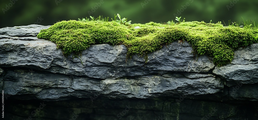 Green moss growing on a stone wall with blurry background. Green moss growing on a stone wall with blurry background.