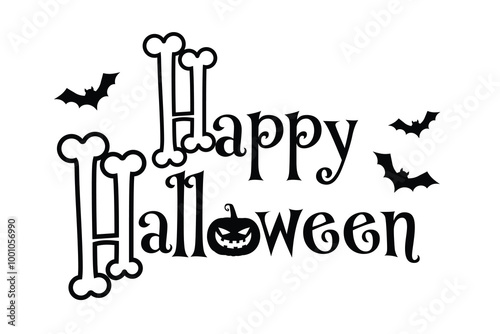 Creative Happy Halloween calligraphy greeting card. Decorative lettering with pumpkins, bats. Vector illustration. Vector lettering. 