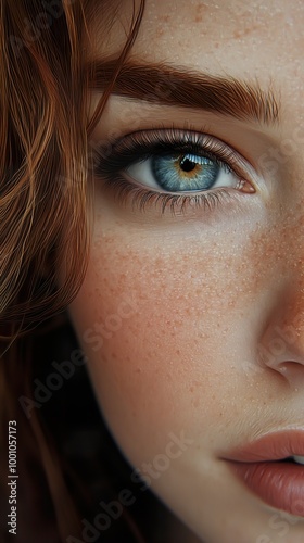 Close-Up Portrait of a Woman with Blue Eyes and Freckles