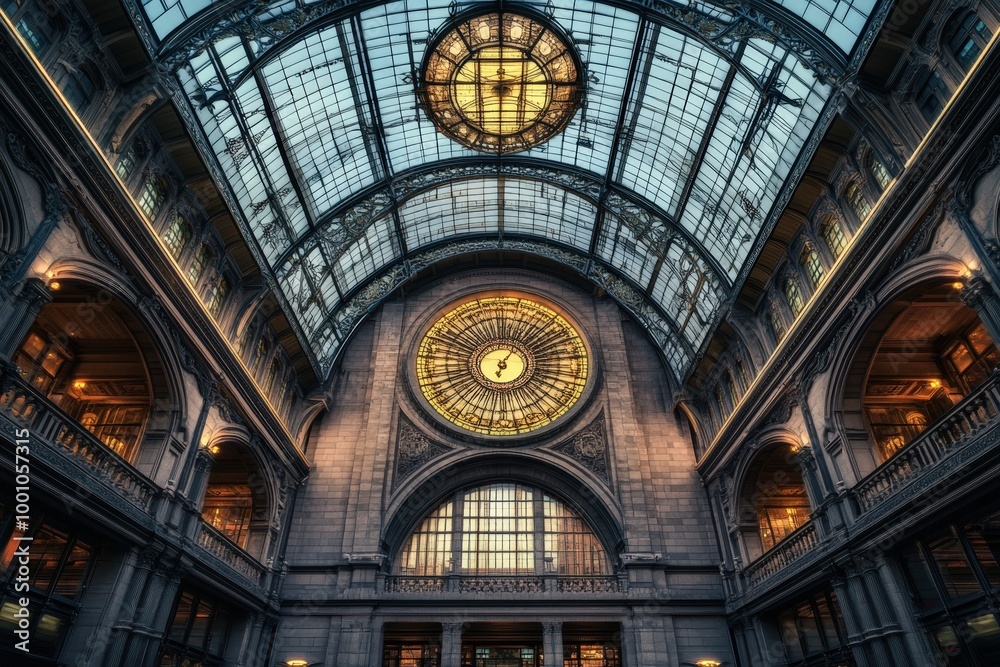 Ornate glass ceiling and architecture of historic building interior