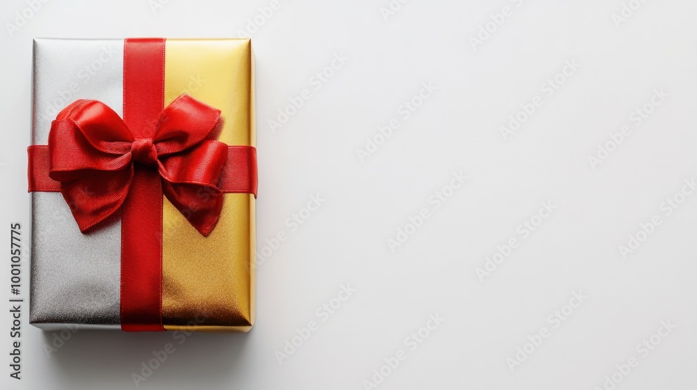 Gold and silver-wrapped New Year present with a bold red bow, isolated on a white background, perfect for celebrating the holiday.