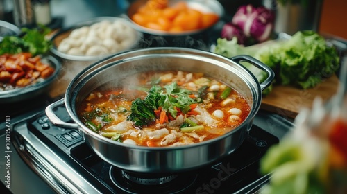 A modern kitchen setting with a high-quality hot pot on a portable stove, filled with rich broth and an assortment of ingredients, ready to be served.