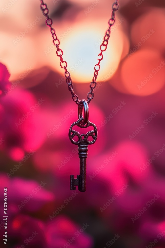 Antique key pendant on a chain against a vibrant pink background Antique key pendant on a chain against a vibrant pink background