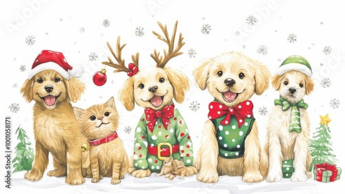 A cheerful holiday scene featuring three puppies and a kitten, all adorned in festive attire, surrounded by snowy decorations and a Christmas tree.