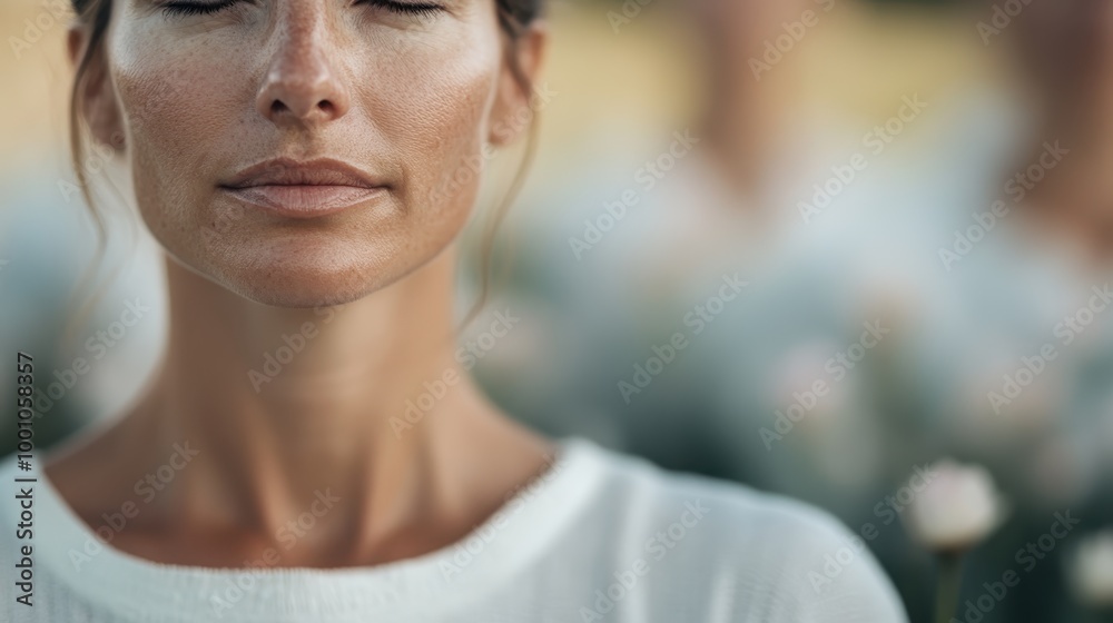 Obraz premium The image captures a person wearing a white shirt standing amongst a field of blurred, soft-focus flowers in the background, evoking a calm and serene atmosphere.
