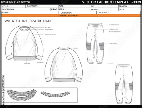 TECH PACK SWEATSHIRT TRACK PANT FASHION EASY EDITABLE TECHNICAL FLAT SKETCH ILLUSTRATION DESIGN